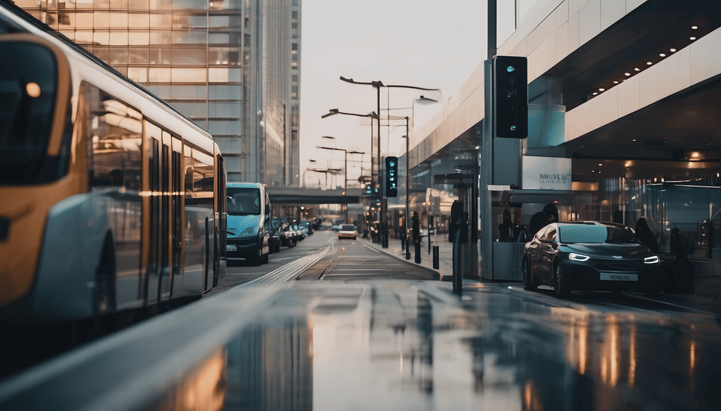 Intelligent transport systems - city street with numerous forms of connected mobility